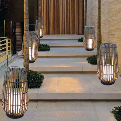 Modern Rattan Weaving Oval Cage Outdoor Patio Waterproof Floor Lamp