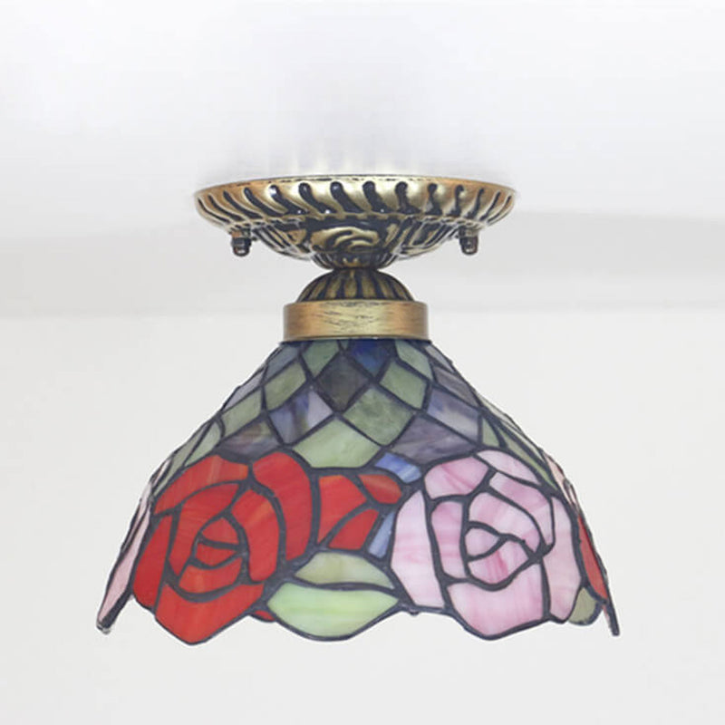 Vintage Tiffany Rose Glasmalerei 1-flammige Schale, halbbündige Deckenleuchte 
