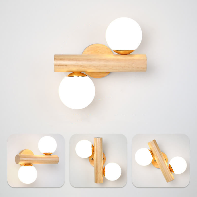Modern Log Wood Double Glass Globe 2-Light Wall Sconce Lamp