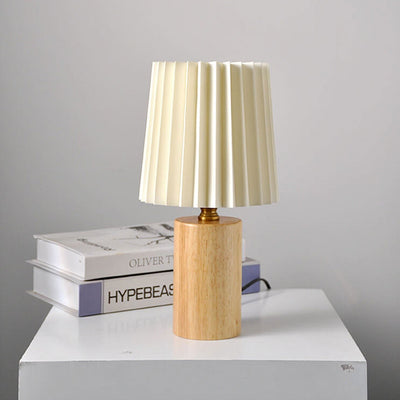 Vintage Korean Pleated Column Solid Wood Base 1-Light Table Lamp