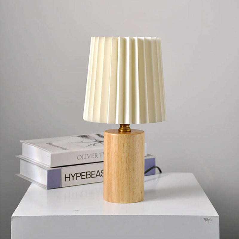 Vintage Korean Pleated Column Solid Wood Base 1-Light Table Lamp
