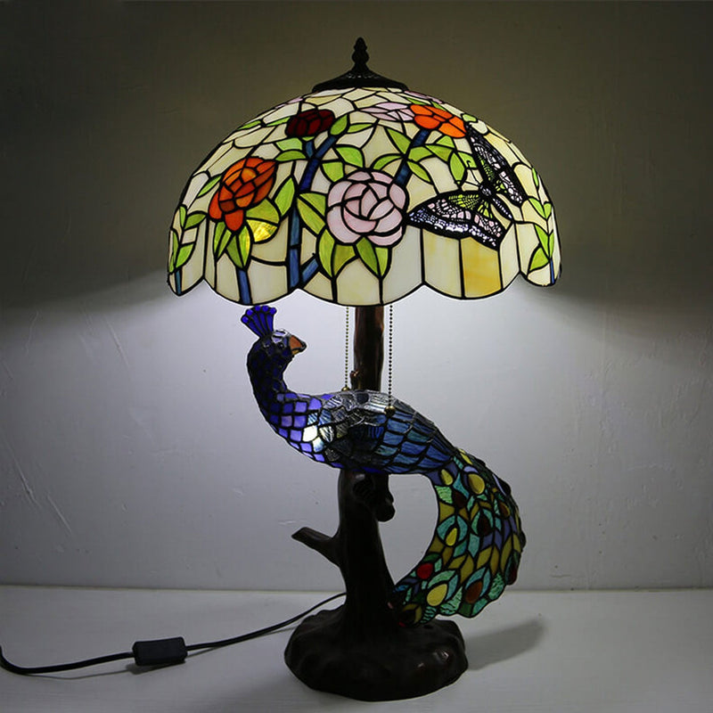 Tiffany Classical Flower Stained Glass Peacock Base 3-Light Table Lamp