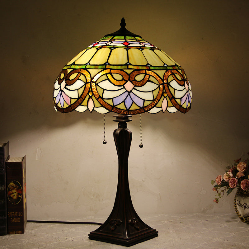 Lámpara de mesa de 2 luces con cordón de tiro en forma de cono de vidrio teñido estilo Tiffany Mediterráneo 