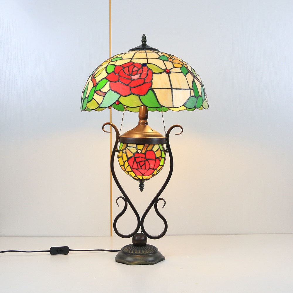 Traditional Tiffany Floral Stained Glass Iron Resin Round Pot 3-Light Table Lamp For Bedroom
