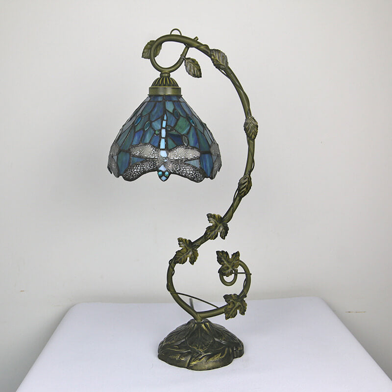 Traditional European Dragonfly Stained Glass Resin Vine 1-Light Table Lamp for Bedroom