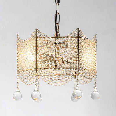 Modern Polygon Gold-Finished Iron Frame Crystal Beads 6-Light Chandelier