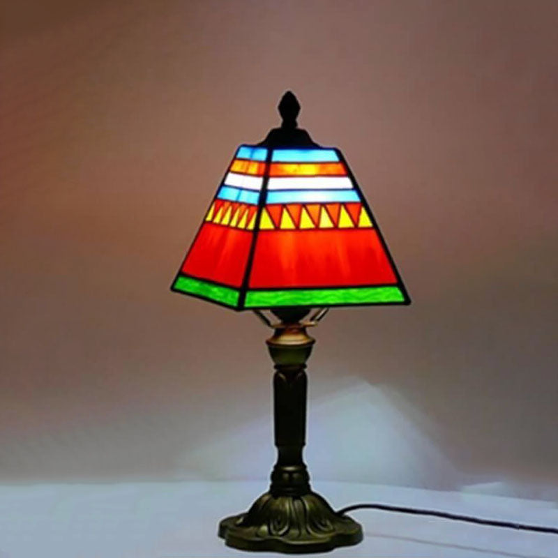 European Vintage Tiffany Square Stained Glass Iron 1-Light Table Lamp