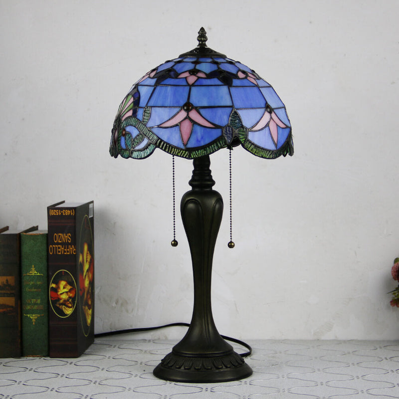 Vintage Tiffany Baroque Stained Glass Dome Pull Cord 1-Light Table Lamp