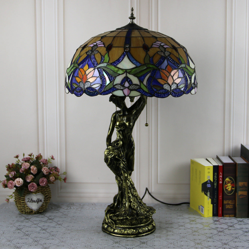 Lampe de table à 2 lumières avec base en résine et beauté en verre teinté Tiffany vintage 