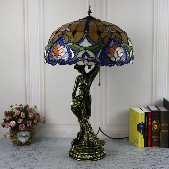 Lampe de table à 2 lumières avec base en résine et beauté en verre teinté Tiffany vintage 