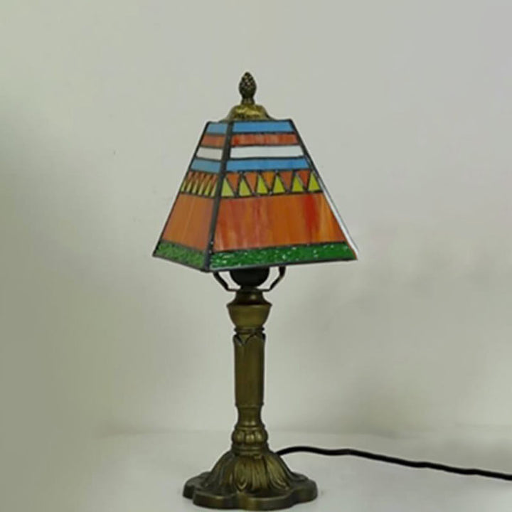 Traditional Tiffany Square Stained Glass Iron 1-Light Table Lamp For Bedroom