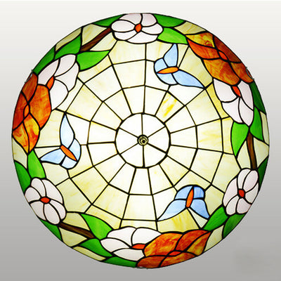 European Tiffany Round Flower Stained Glass 2/3 Light Flush Mount Ceiling Light