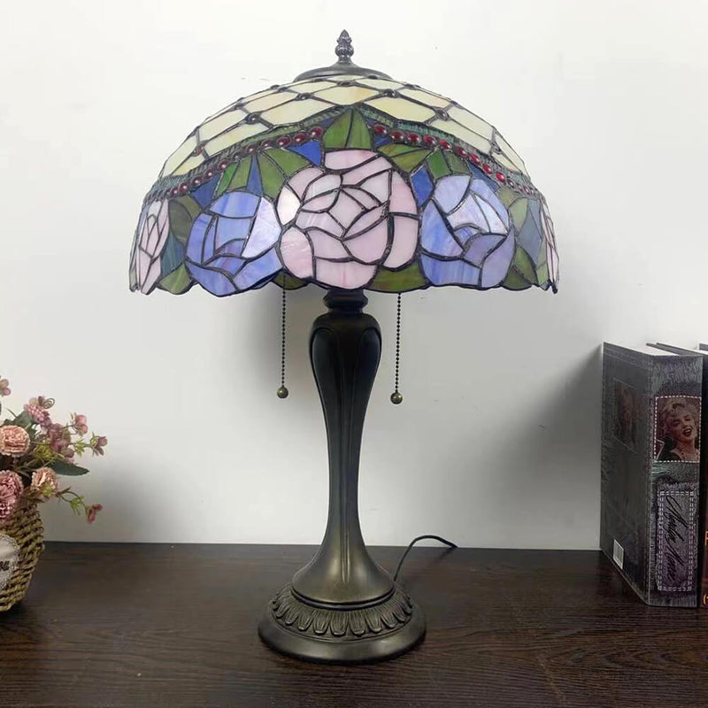 Lampe de Table en Verre Tiffany Européenne à Fleurs avec 2 Lumières 
