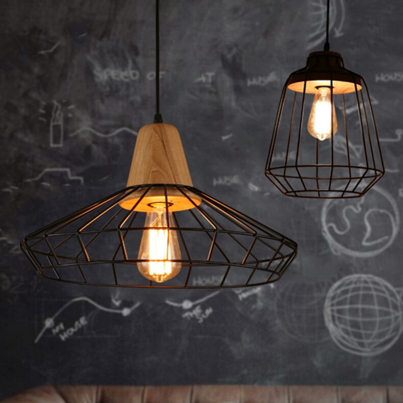 Industrial Retro Black Cage Metal 1-Light Pendant Light