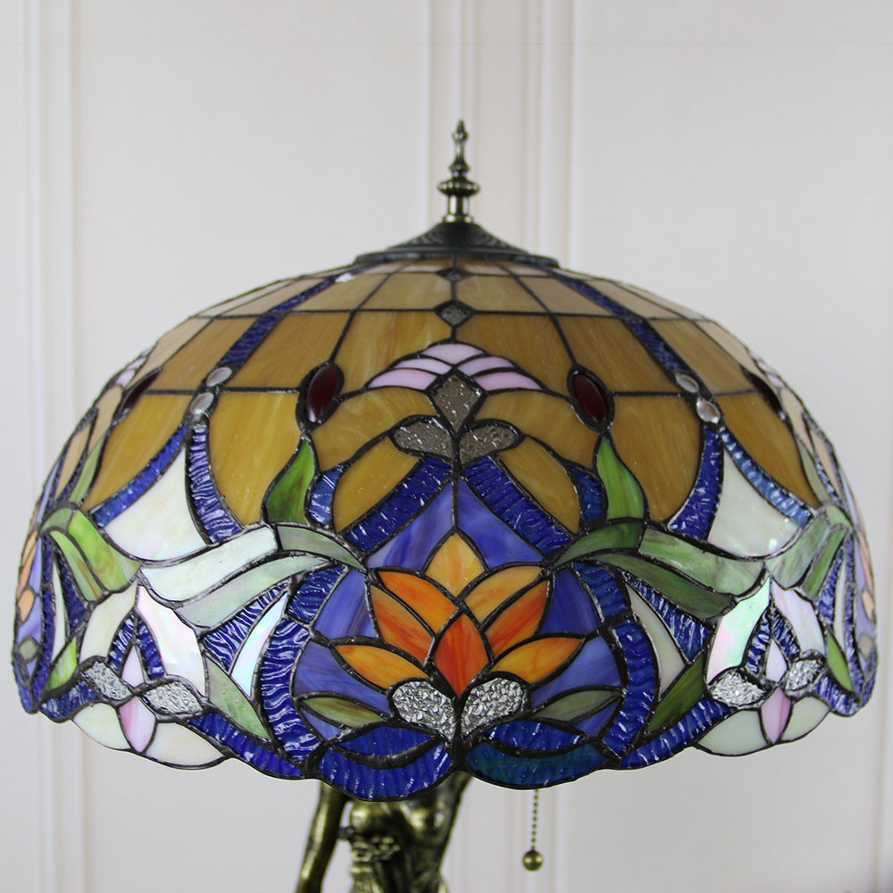 Lampe de table à 2 lumières avec base en résine et beauté en verre teinté Tiffany vintage 