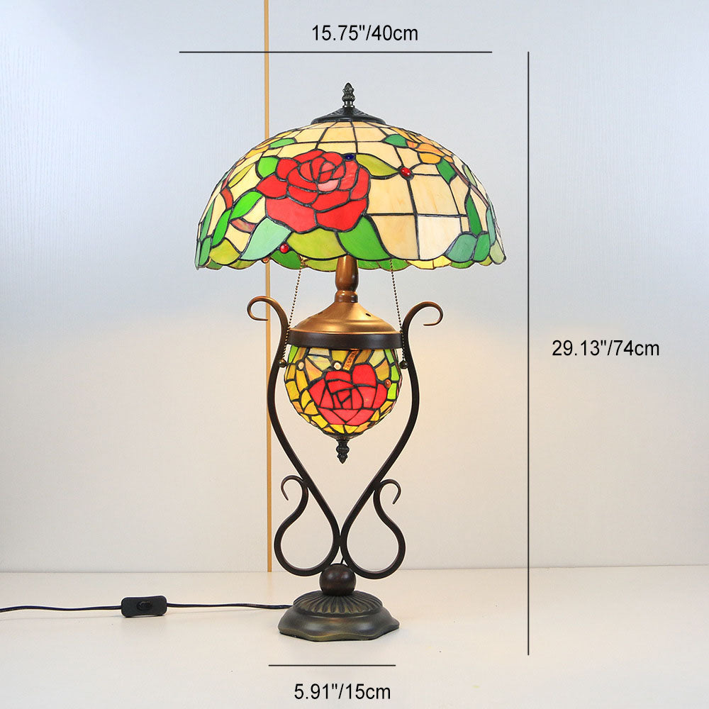 Traditional Tiffany Floral Stained Glass Iron Resin Round Pot 3-Light Table Lamp For Bedroom