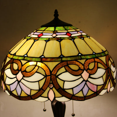 Lámpara de mesa de 2 luces con cordón de tiro en forma de cono de vidrio teñido estilo Tiffany Mediterráneo 
