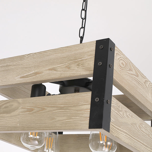 Chandelier Vintage Industriel en Bois avec Cage Carrée 1/4 Lumière 