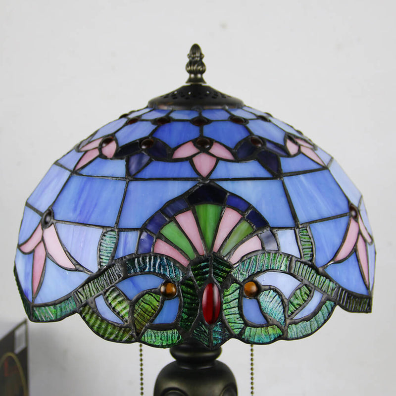 Vintage Tiffany Baroque Stained Glass Dome Pull Cord 1-Light Table Lamp