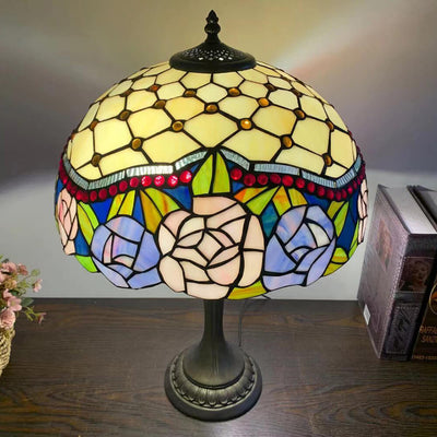 Lampe de Table en Verre Tiffany Européenne à Fleurs avec 2 Lumières 