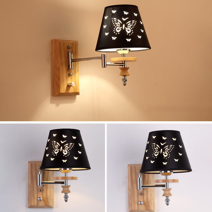 Zeitgenössische nordische Wandleuchte aus Eisen, Stoff und Kiefernholz in Schmetterlings-Kegelform, 1/2-flammig, für Wohnzimmer &amp; Schlafzimmer 