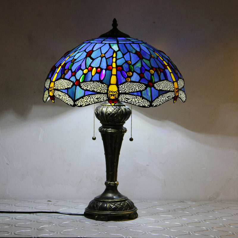 European Vintage Tiffany Dragonfly Peacock Glass Resin 1-Light Table Lamp