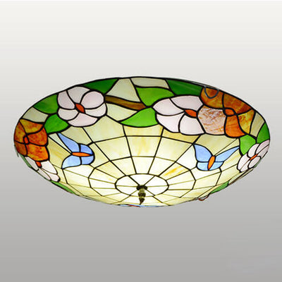 European Tiffany Round Flower Stained Glass 2/3 Light Flush Mount Ceiling Light