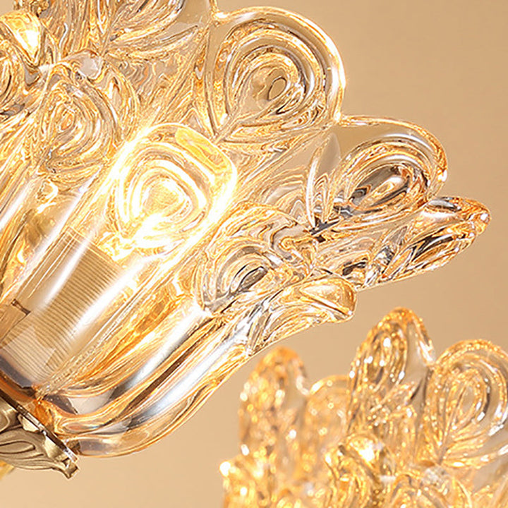 Lámpara de araña con pantalla de vidrio floral y acabado dorado tradicional francés de 6/8 luces para sala de estar 