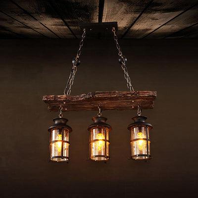 Lustre à 3 lumières en fer avec bande boisée de style ferme traditionnelle pour salle à manger 