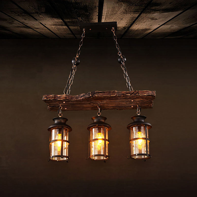Lustre à 3 lumières en fer avec bande boisée de style ferme traditionnelle pour salle à manger 
