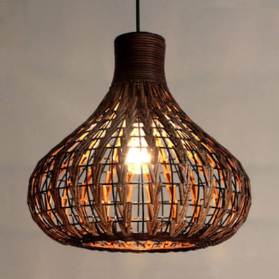 Rustic Rattan Weaving 1-Light Water Drop Shaped Pendant Light