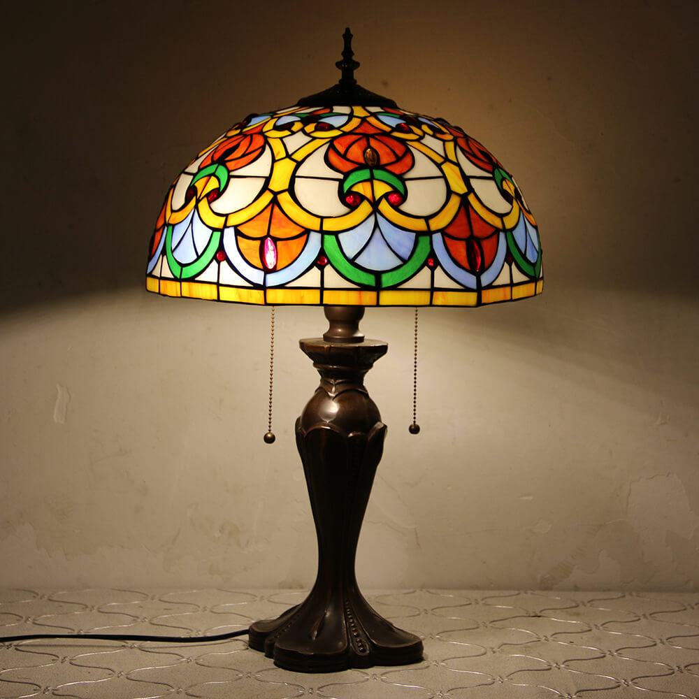 Lampe de table Tiffany avec fleur rétro européenne en verre teinté à 1 lumière avec cordon de tirage 