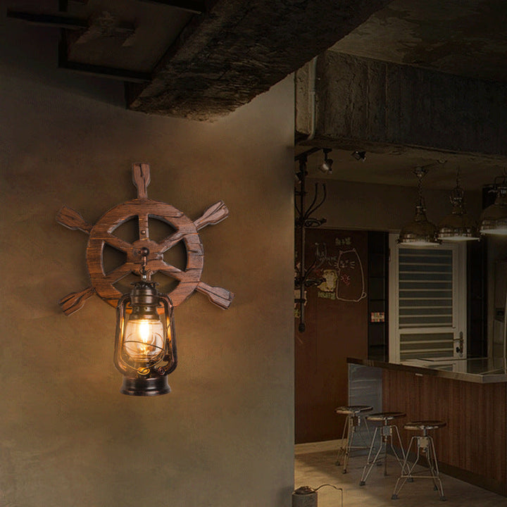Aplique de pared contemporáneo industrial de madera de pino y vidrio con forma de timón de barco y lámpara de queroseno de 1 luz para salón y dormitorio 