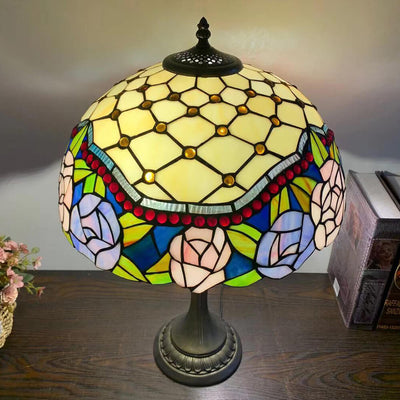 Lampe de Table en Verre Tiffany Européenne à Fleurs avec 2 Lumières 