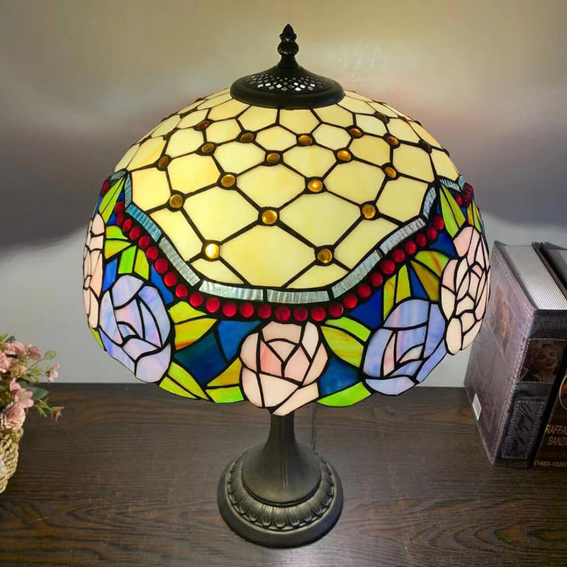 Lampe de Table en Verre Tiffany Européenne à Fleurs avec 2 Lumières 