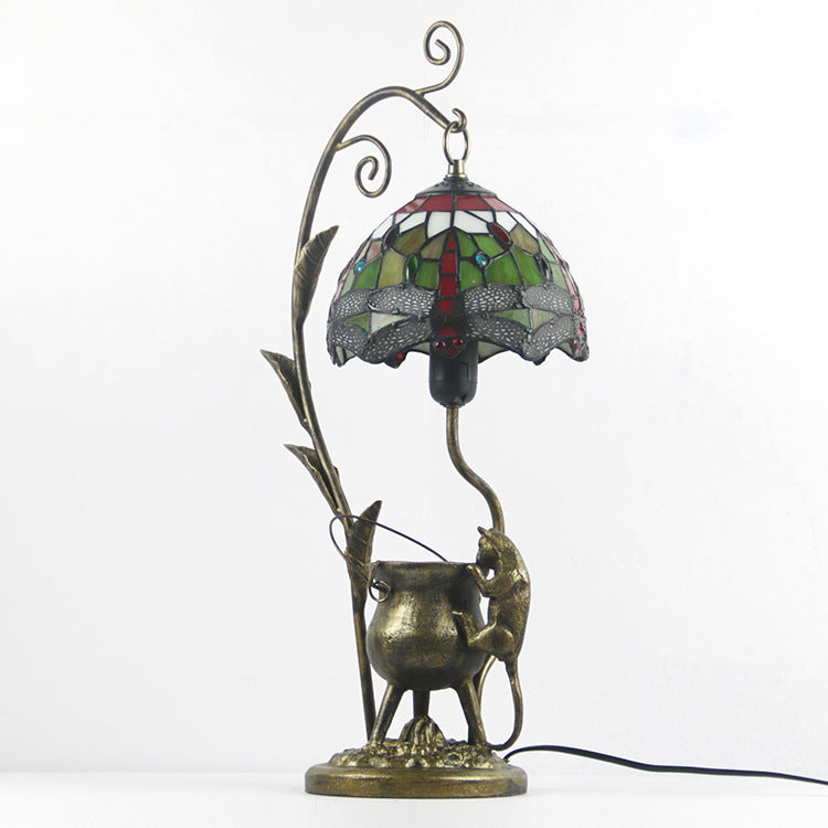 Lampe de table vintage à 1 lumière avec base de souris en vitrail Tiffany Dome 