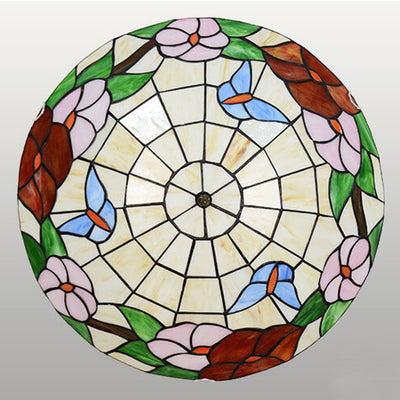 European Tiffany Round Flower Stained Glass 2/3 Light Flush Mount Ceiling Light