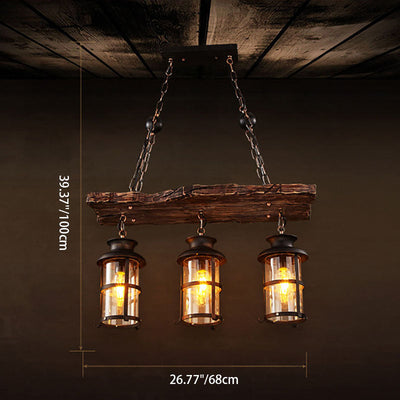 Lustre à 3 lumières en fer avec bande boisée de style ferme traditionnelle pour salle à manger 