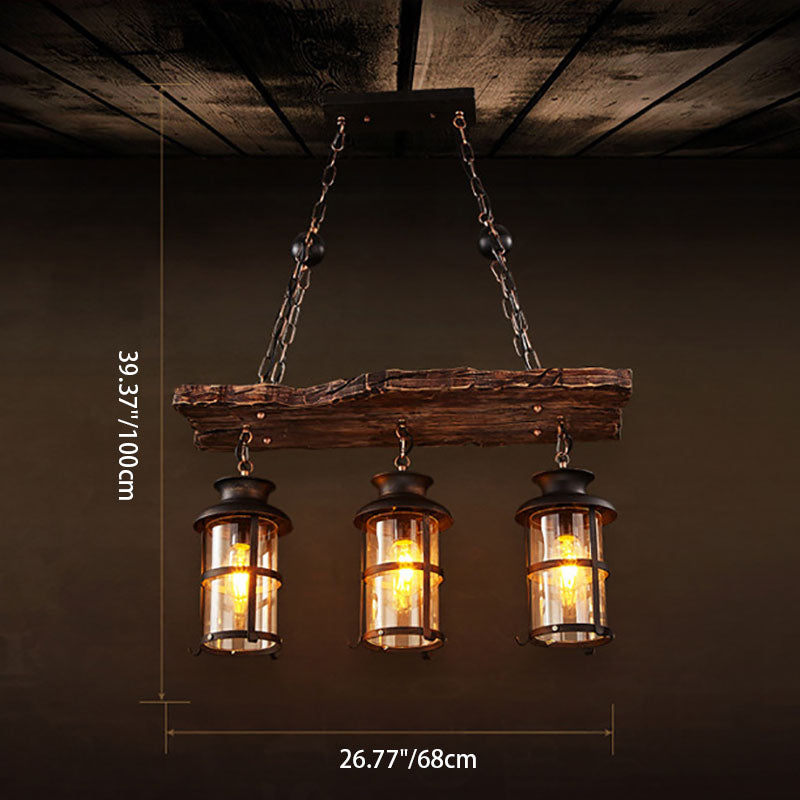 Lustre à 3 lumières en fer avec bande boisée de style ferme traditionnelle pour salle à manger 