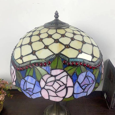 Lampe de Table en Verre Tiffany Européenne à Fleurs avec 2 Lumières 