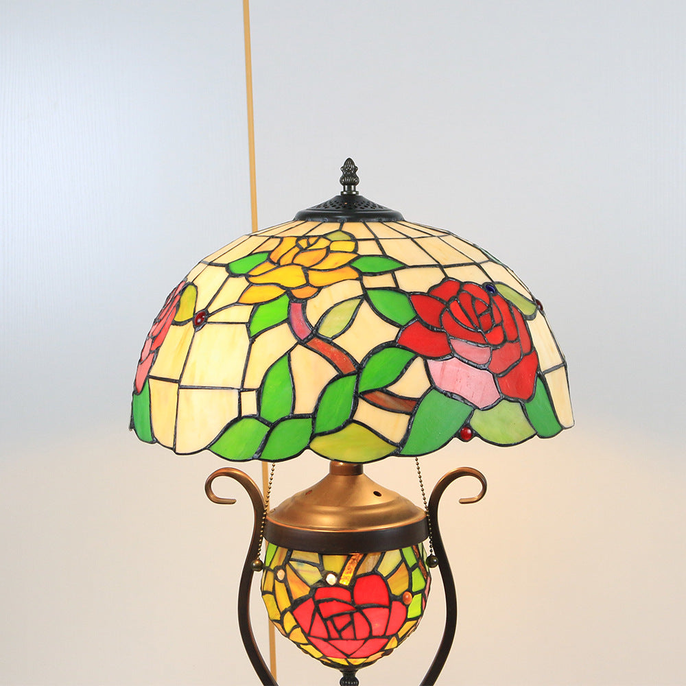 Traditional Tiffany Floral Stained Glass Iron Resin Round Pot 3-Light Table Lamp For Bedroom