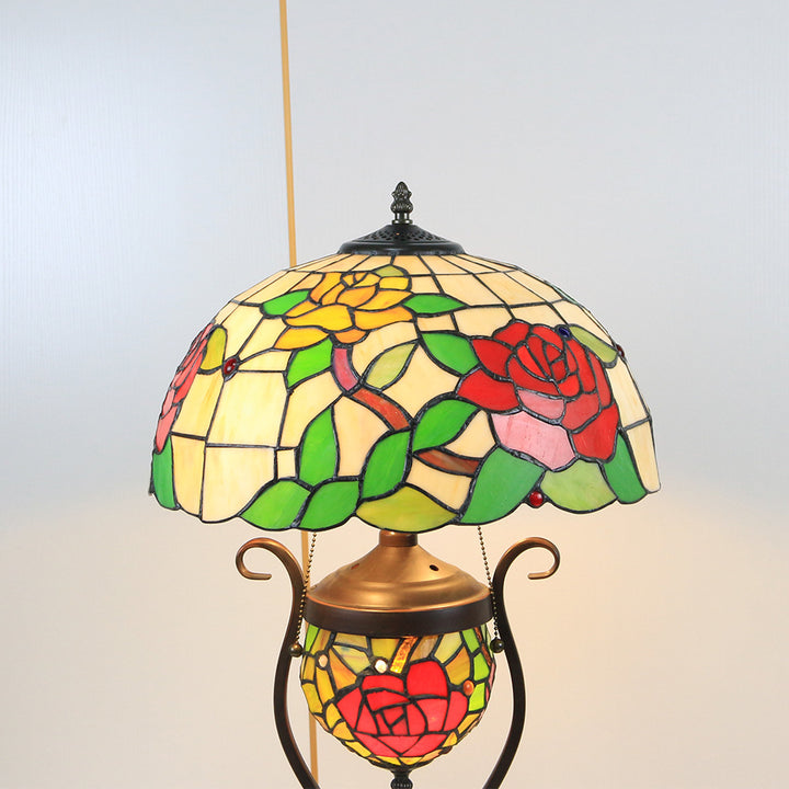 Traditional Tiffany Floral Stained Glass Iron Resin Round Pot 3-Light Table Lamp For Bedroom