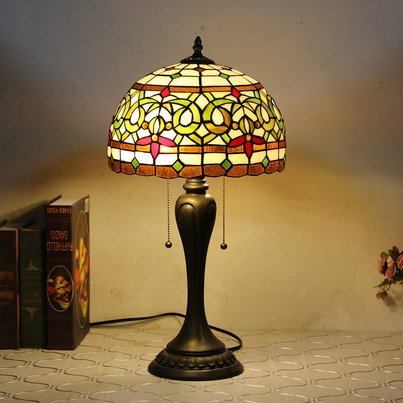 Vintage Tiffany Baroque Stained Glass Dome Pull Cord 1-Light Table Lamp