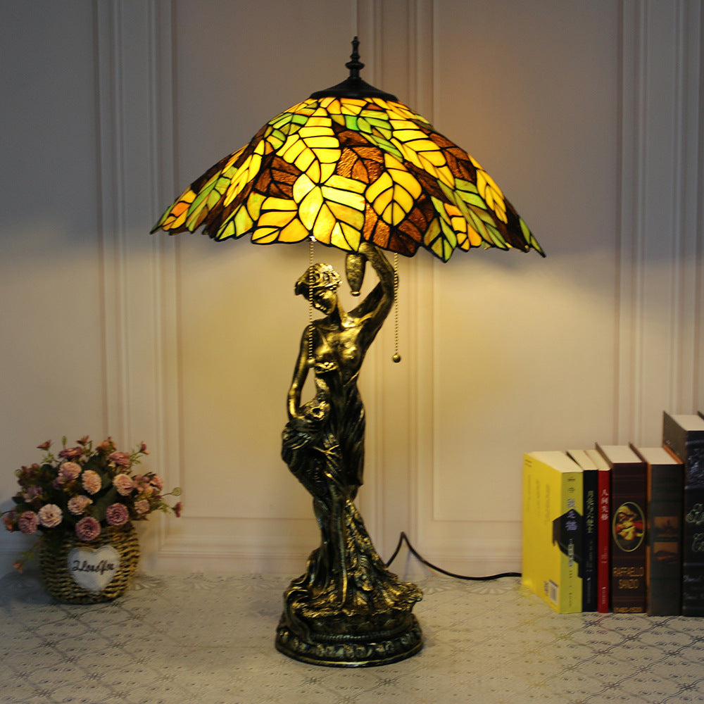 Lampe de table à 2 lumières avec base en résine et beauté en verre teinté Tiffany vintage 