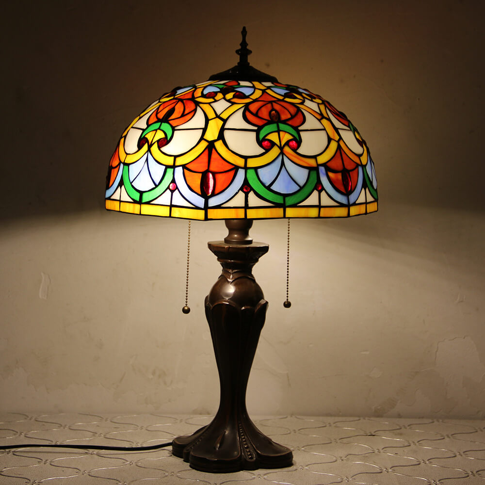 Lampe de table Tiffany avec fleur rétro européenne en verre teinté à 1 lumière avec cordon de tirage 