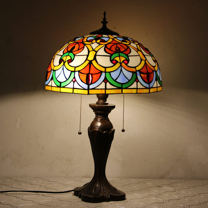 Lampe de table Tiffany avec fleur rétro européenne en verre teinté à 1 lumière avec cordon de tirage 