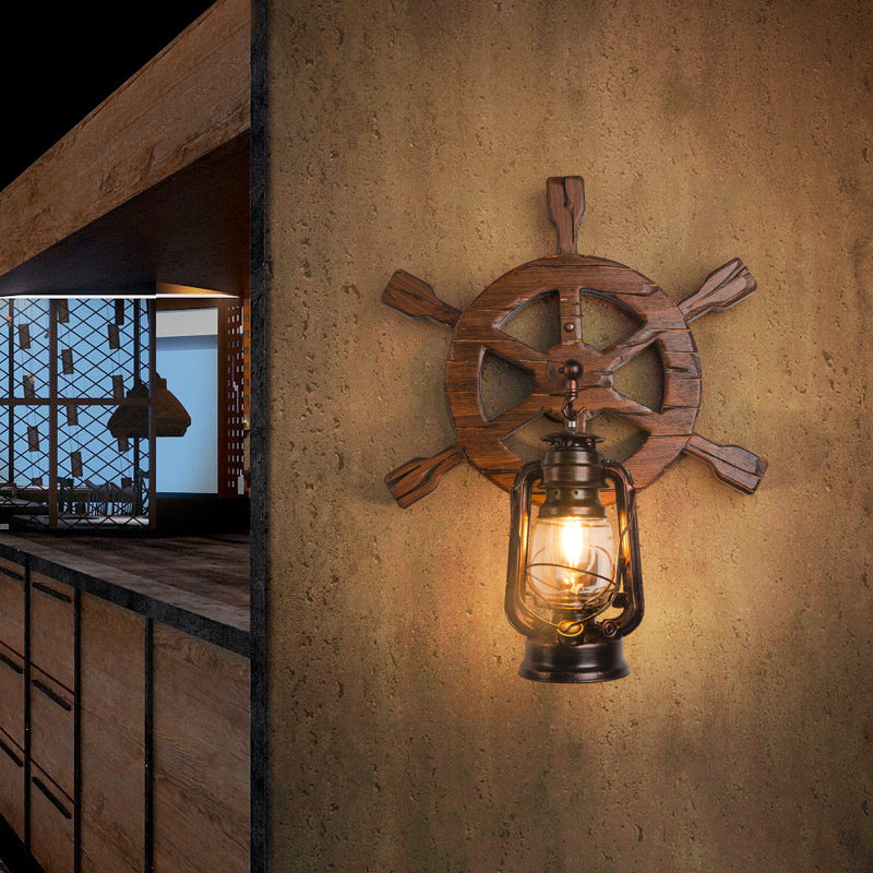 Vintage Industrial Wooden Boat Rudder Kerosene Lamp 1-Light Wall Sconce Lamp