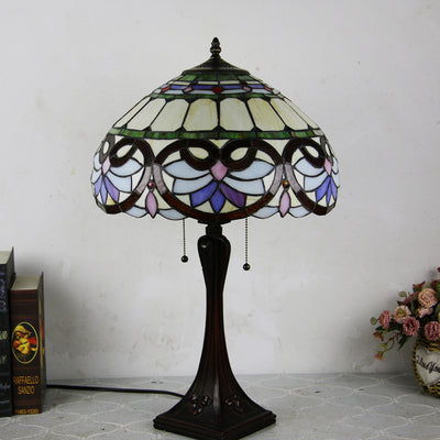 Lámpara de mesa de 2 luces con cordón de tiro en forma de cono de vidrio teñido estilo Tiffany Mediterráneo 