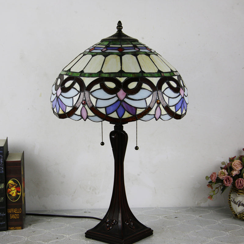 Lámpara de mesa de 2 luces con cordón de tiro en forma de cono de vidrio teñido estilo Tiffany Mediterráneo 