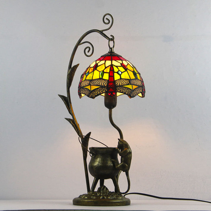 Lampe de table vintage à 1 lumière avec base de souris en vitrail Tiffany Dome 
